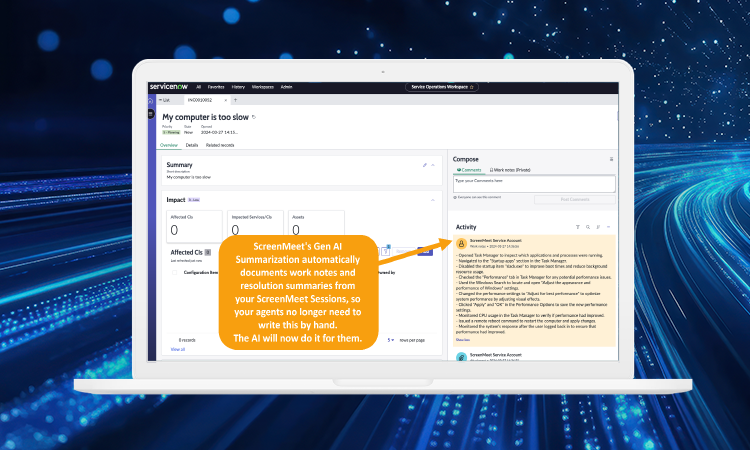 ScreenMeet AI Summarization for ServiceNow Remote Support